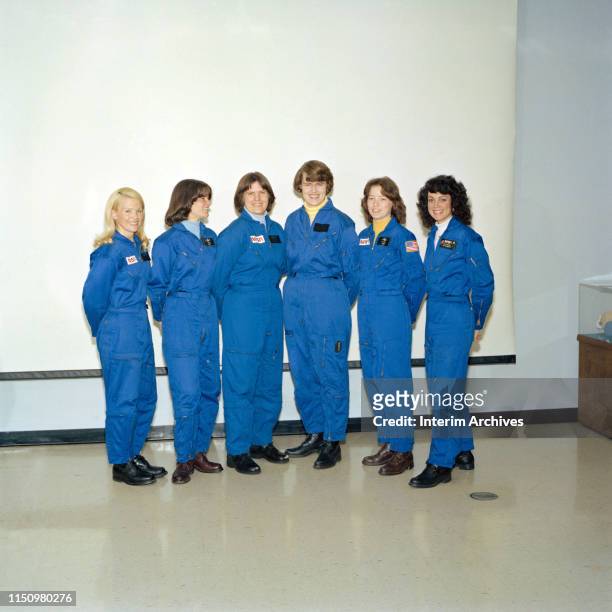 Group portrait of, from left, astronaut candidates Rhea Seddon, Sally Ride , Kathryn Sullivan, Shannon Lucid, Anna Lee Fisher, and Judith Resnik pose...