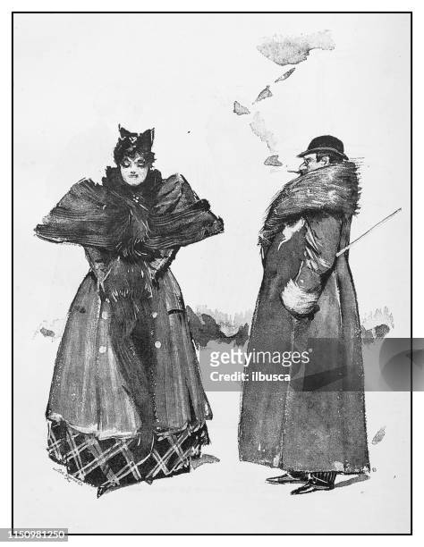 illustrations, cliparts, dessins animés et icônes de illustration antique: élégant couple extérieur - victorian style