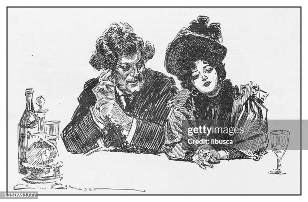 antique illustration: couple drinking - men drinking beer stock illustrations