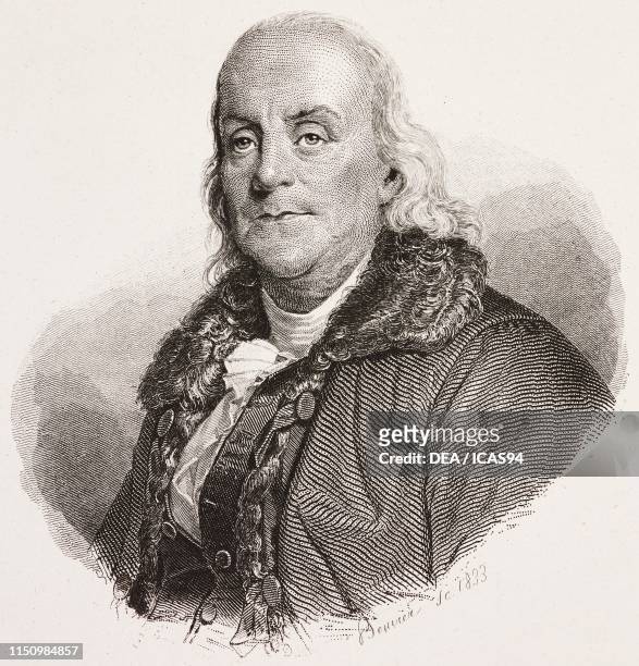 Portrait of Benjamin Franklin , American scientist and politician, engraving by Bouvier from I benefattori dell'umanita ossia vite e ritratti degli...