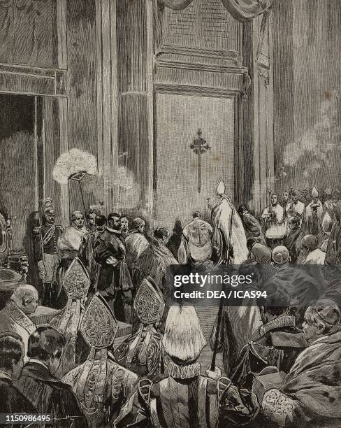 Pope Leo XIII opening the Holy Door in St Peter's Basilica to inaugurate the Jubilee , Vatican, engraving from Illustrazione Popolare, Giornale per...