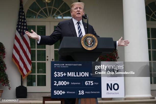 President Donald Trump speaks about Robert Mueller's investigation into Russian interference in the 2016 presidential election in the Rose Garden at...