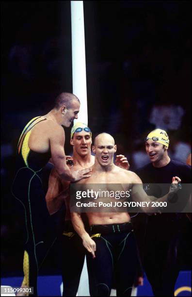 Sydney Olympics: team of Australia wins men's 4 X 100m freestyle relay in Sydney, Australia on September 17, 2000 - Michael Klim, Chris Fydler,...