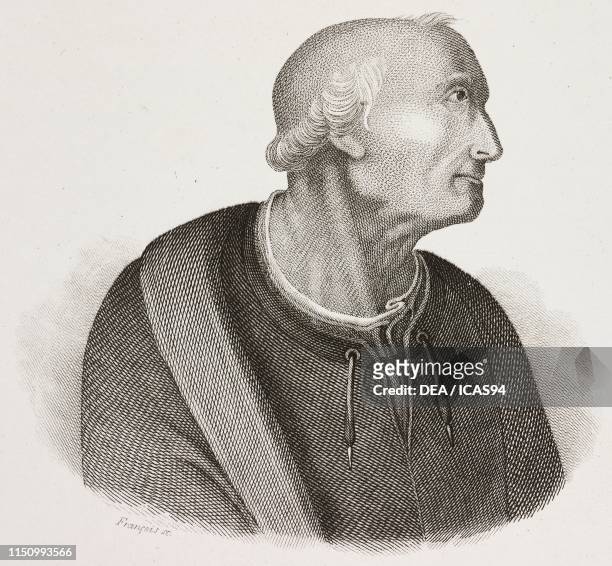 Portrait of Amerigo Vespucci , Italian navigator and explorer, engraving by Francois from I benefattori dell'umanita ossia vite e ritratti degli...