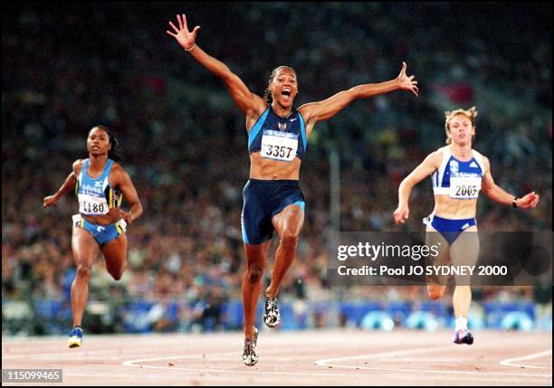 Sydney Olympics Games: Athletism: women's final 100M in Sydney, Australia on September 23, 2000 - Marion Jones gold medal, Ekaterini Thanou silver...