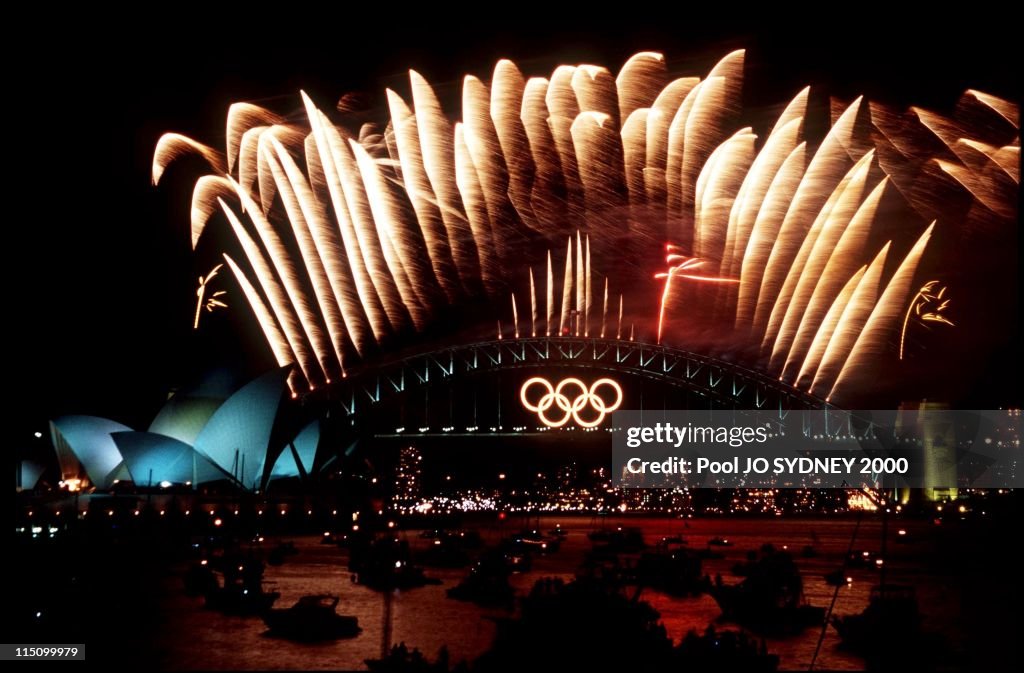 Olympic Closing Ceremony Fireworks Display Over Sydney Harbor And Opera House In Sydney, Australia On October 01, 2000.