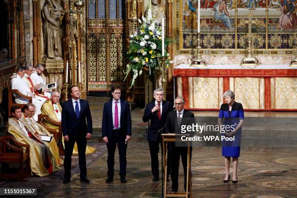 Britain's Former Prime Minister Tony Blair speaks next to Theresa May, Gordon Brown, David Cameron, and Nick Clegg during a service of thanksgiving...