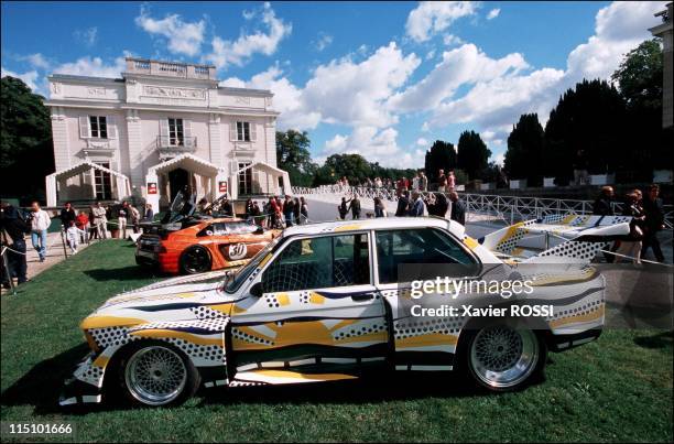 Cars revisited by pop artists exposed at Parc de Bagatelle in France on September 09, 2001 - BMW 320i by Roy Lichenstein, 1977.