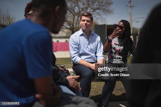 Democratic presidential candidate Congressman Eric Swalwell meets with community activists on the city's southside to discuss ways to end gun...