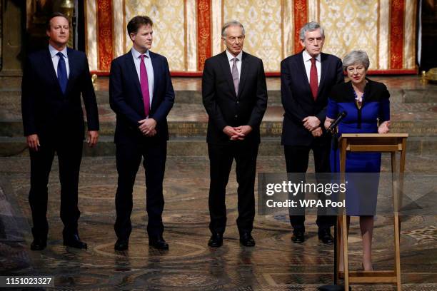 Britain's Prime Minister Theresa May speaks next to Tony Blair, David Cameron, Gordon Brown and Nick Clegg during a service of thanksgiving for Lord...