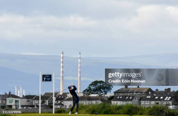 Portmarnock , Ireland - 20 June 2019; Ronan Mullarney of Galway Golf Club, Galway, Ireland, watches his tee shot from the 7th tee box during day 4 of...