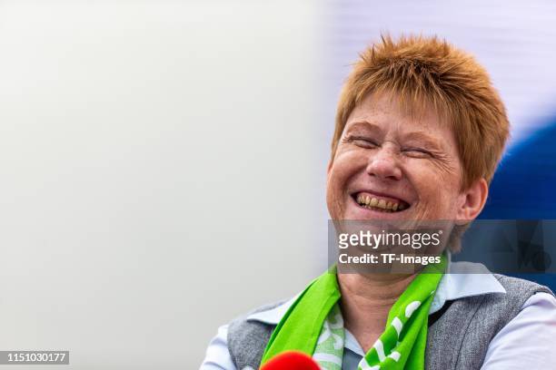 Vice-chairwoman Petra Pau laughs during the German Protestant Kirchentag on June 20, 2019 in Dortmund, Germany.