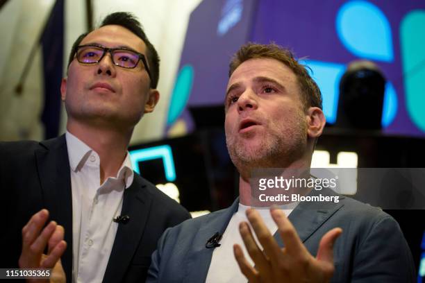 Stewart Butterfield, chief executive officer of Slack Technologies Inc., right, speaks while Allen Shim, chief financial officer of Slack...