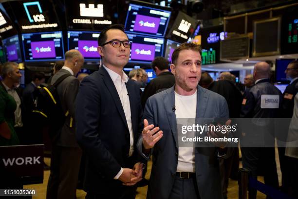 Stewart Butterfield, chief executive officer of Slack Technologies Inc., right, speaks while Allen Shim, chief financial officer of Slack...