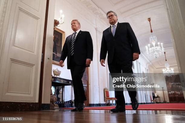 President Donald Trump and Attorney General William Barr arrive together for the presentation of the Public Safety Officer Medals of Valor in the...