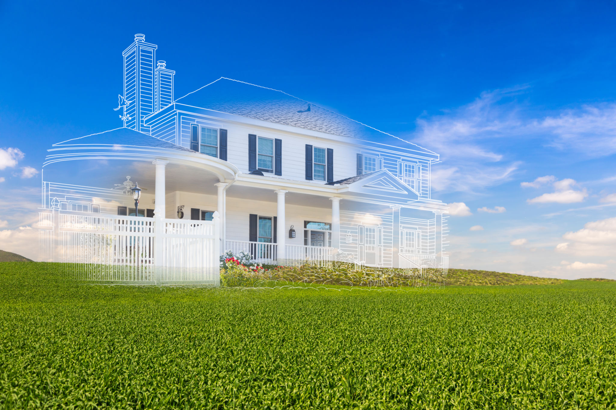 Beautiful Custom House Drawing and Ghosted House Above Green Landscape Beautiful Custom House Drawing and Ghosted House Above Green Landscape