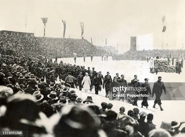 The Parade of Athletes during the Opening Ceremony of the Winter Olympic Games at Garmisch-Partenkirchen, Germany on 6th February 1936....