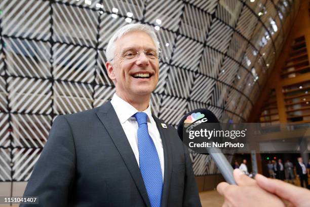 Kristianis Karins, Prime Minister of Latvia talks to the journalists in the Europa Building during the European Council Summit in Brussels, Belgium...