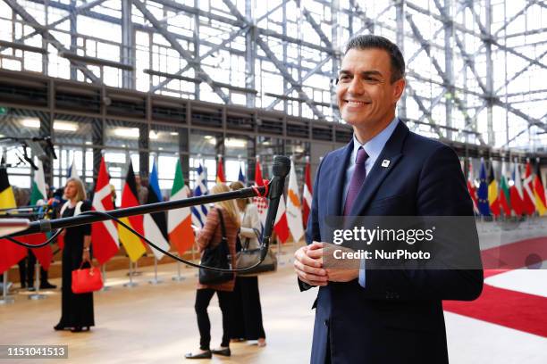 Pedro Sanchez Perez-Castejon, Prime Minister of Spain talks to the journalists in the Europa Building during the European Council Summit in Brussels,...