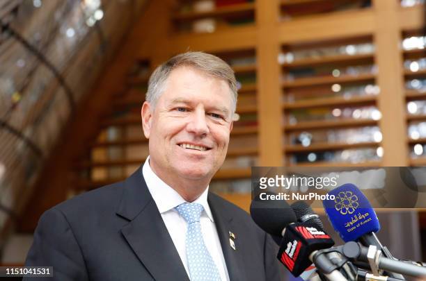 Klaus Werner Iohannis, President of Romania talks to the journalists in the Europa Building during the European Council Summit in Brussels, Belgium...