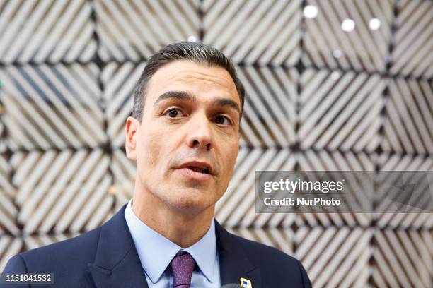 Pedro Sanchez Perez-Castejon, Prime Minister of Spain talks to the journalists in the Europa Building during the European Council Summit in Brussels,...