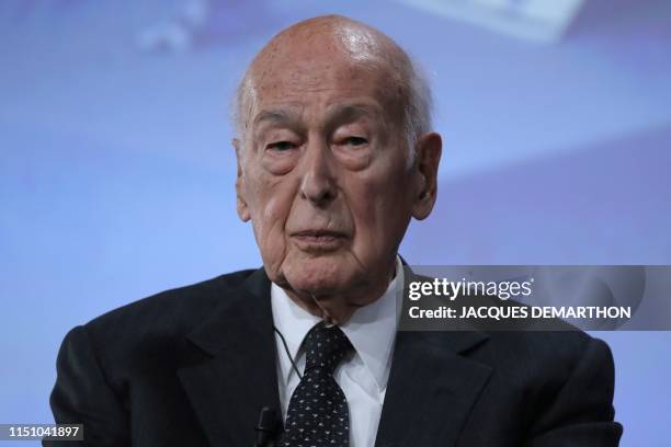 Former French President Valery Giscard d'Estaing looks on at the conference of the fiftieth anniversary of the election of Georges Pompidou to the...