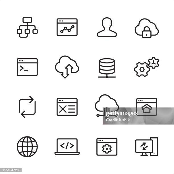 ilustraciones, imágenes clip art, dibujos animados e iconos de stock de it y desarrollo-icono de contorno establecido - actualización de software