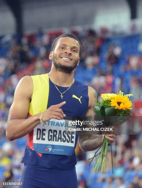 Andre De Grasse of Canada celebrates winning the 200m Men sprint of IAAF Golden Spike 2019 Athletics meeting in Ostrava on June 20, 2019.