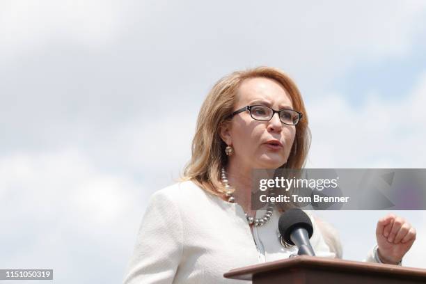 Former Congresswoman Gabrielle Giffords delivers remarks during a press conference with Democratic Lawmakers on gun violence along the east front of...