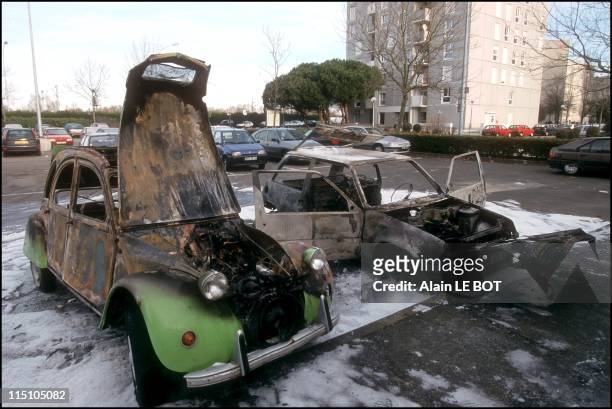 Burnt cars after French new year celebrations in the suburb of Malakoff in Nantes, France on January 02, 2002.
