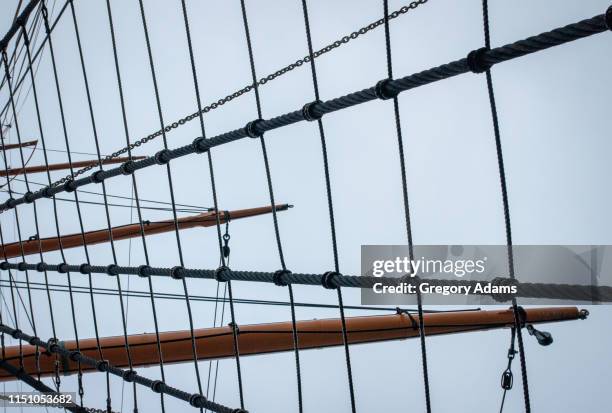 mast and rigging on an old sailing ship - ironclad stock pictures, royalty-free photos & images