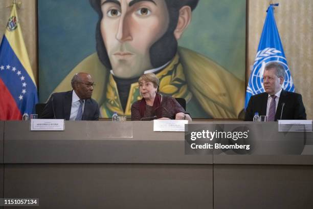 Aristobulo Isturiz, Venezuelan lawmaker, from left, speaks with Michelle Bachelet, high commissioner for human rights at the United Nations, as Peter...