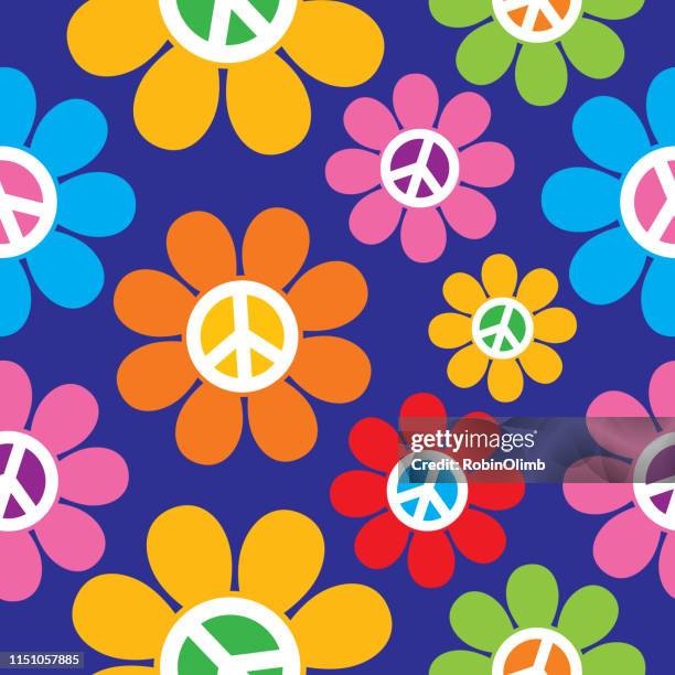 ilustraciones, imágenes clip art, dibujos animados e iconos de stock de retro paz signo flores patrón sin costuras - hippy