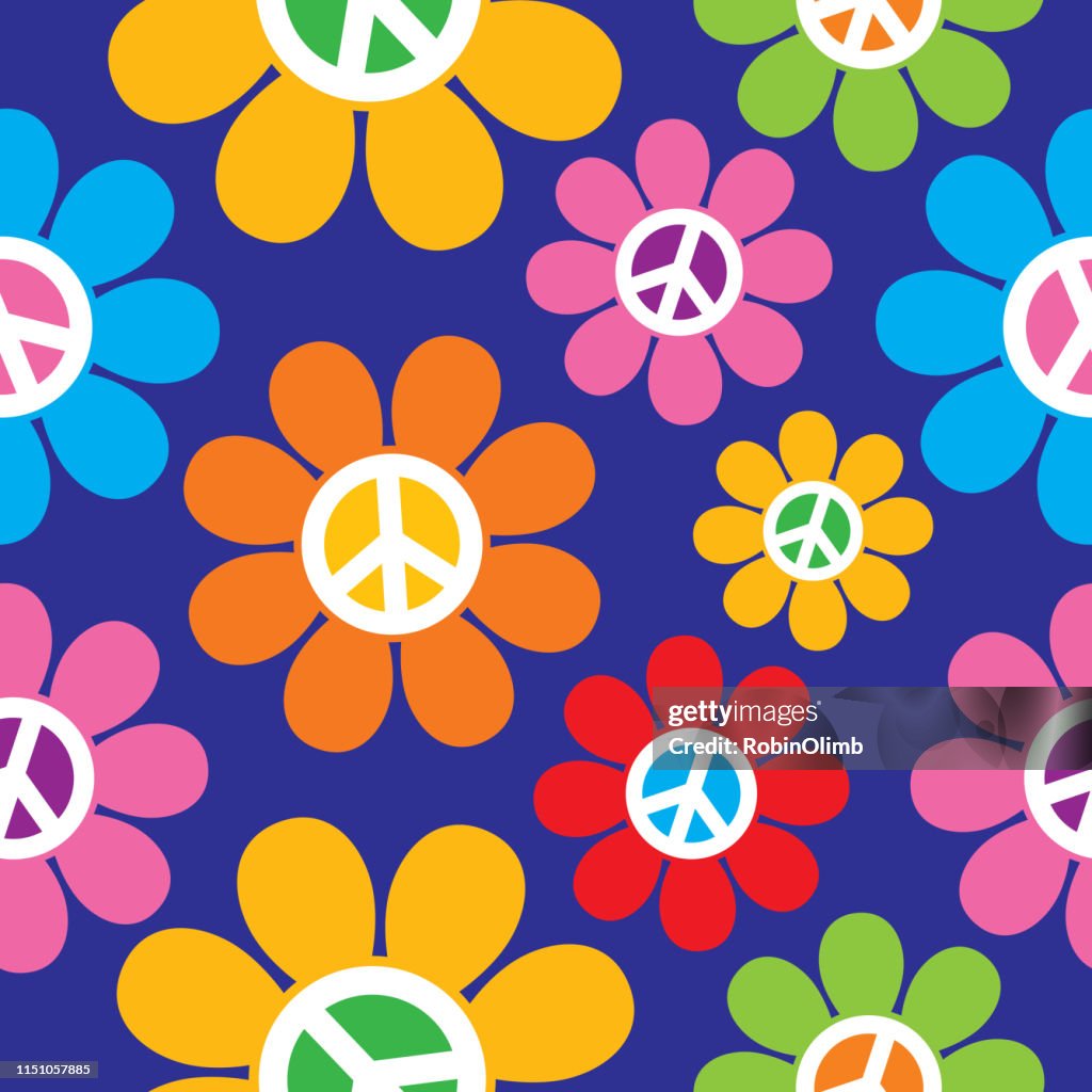Retro Peace Sign Flowers Seamless Pattern