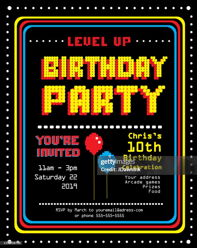 Plantilla de diseño de invitación fiesta de cumpleaños retro Arcade