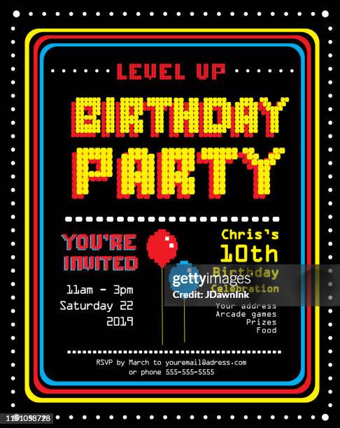 ilustraciones, imágenes clip art, dibujos animados e iconos de stock de plantilla de diseño de invitación fiesta de cumpleaños retro arcade - happy birthday vintage