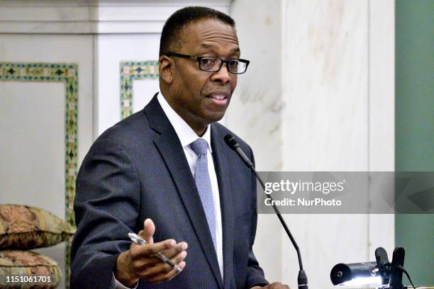 City Council President Darrell Clarke addressees members of the community and activist at a public hearing on a resolution regarding controversial...