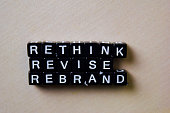 Reflect - Rethink - Rebrand on wooden blocks. Business and inspiration concept