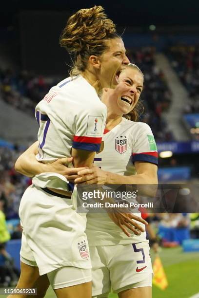 Kelley O'Hara of the USA and Tobin Heath celebrate Tobin Heath's goal during the 2019 FIFA Women's World Cup France group F match between Sweden and...