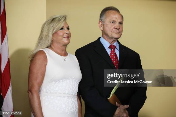 Alongside his wife, Kayla Moore , Roy Moore announces his plans to run for U.S. Senate in 2020 during a press conference on June 20, 2019 in...