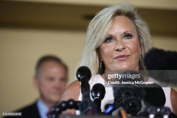 Kayla Moore introduces her husband, Roy Moore, during a press conference to announce his plans to run for U.S. Senate in 2020 on June 20, 2019 in...