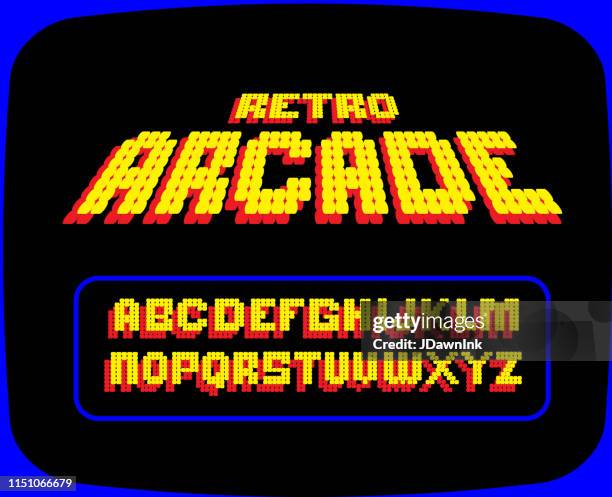 stockillustraties, clipart, cartoons en iconen met retro arcade gaming font alfabet ontwerp set - 1980