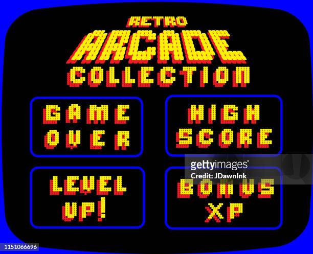 retro arcade gaming phrasen design-set - arcade stock-grafiken, -clipart, -cartoons und -symbole