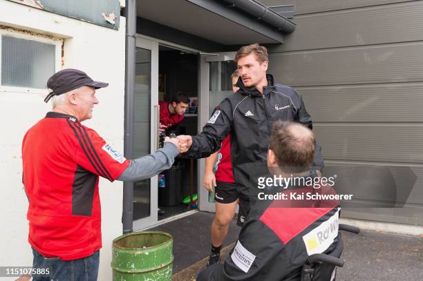 George Bridge greets fans prior to the Crusaders Super Rugby training session at Rugby Park on May 23, 2019 in Christchurch, New Zealand.