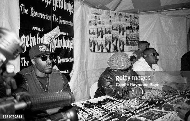 Rappers Willie D., Bushwick Bill and Scaarface from The Geto Boys signs autographs for fans at George's Music Room in Chicago, Illinois in April 1996.