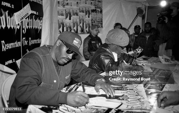 Rappers Willie D., Bushwick Bill and Scaarface from The Geto Boys signs autographs for fans at George's Music Room in Chicago, Illinois in April 1996.