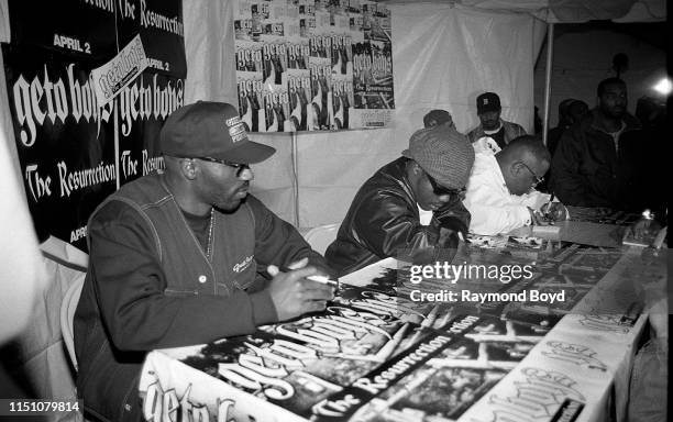 Rappers Willie D., Bushwick Bill and Scaarface from The Geto Boys signs autographs for fans at George's Music Room in Chicago, Illinois in April 1996.