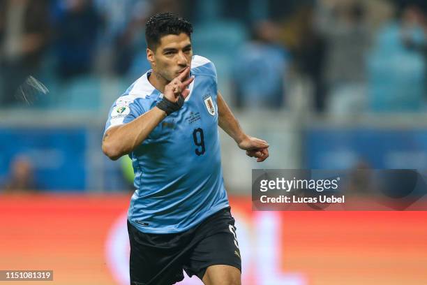 Luis Suárez of Uruguay celebrates after scoring his team's first goal during the Group C match between Uruguay and Japan during Copa America Brazil...