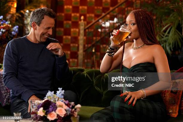 Episode 851 -- Pictured: Host Seth Meyers and singer Rihanna during "Seth and Rihanna Go Day Drinking" on June 20, 2019 --