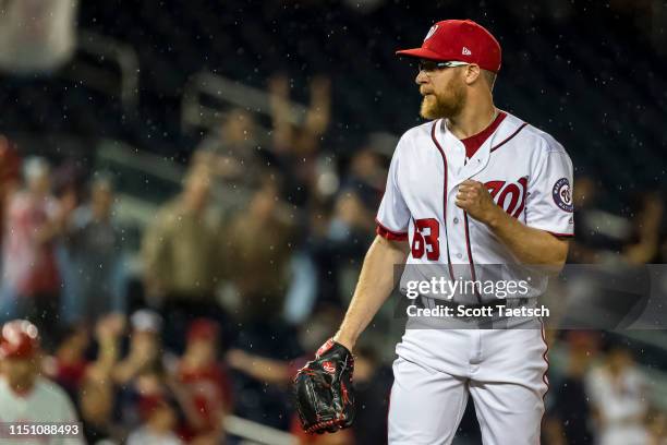 Sean Doolittle of the Washington Nationals reacts after the game against the Philadelphia Phillies at Nationals Park on June 20, 2019 in Washington,...